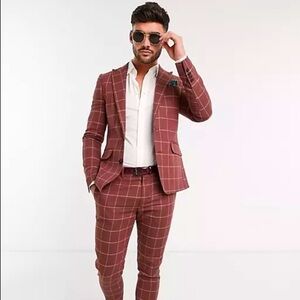 NWT GIANNI FERAUD Red Check Skinny Fit Suit Jacket